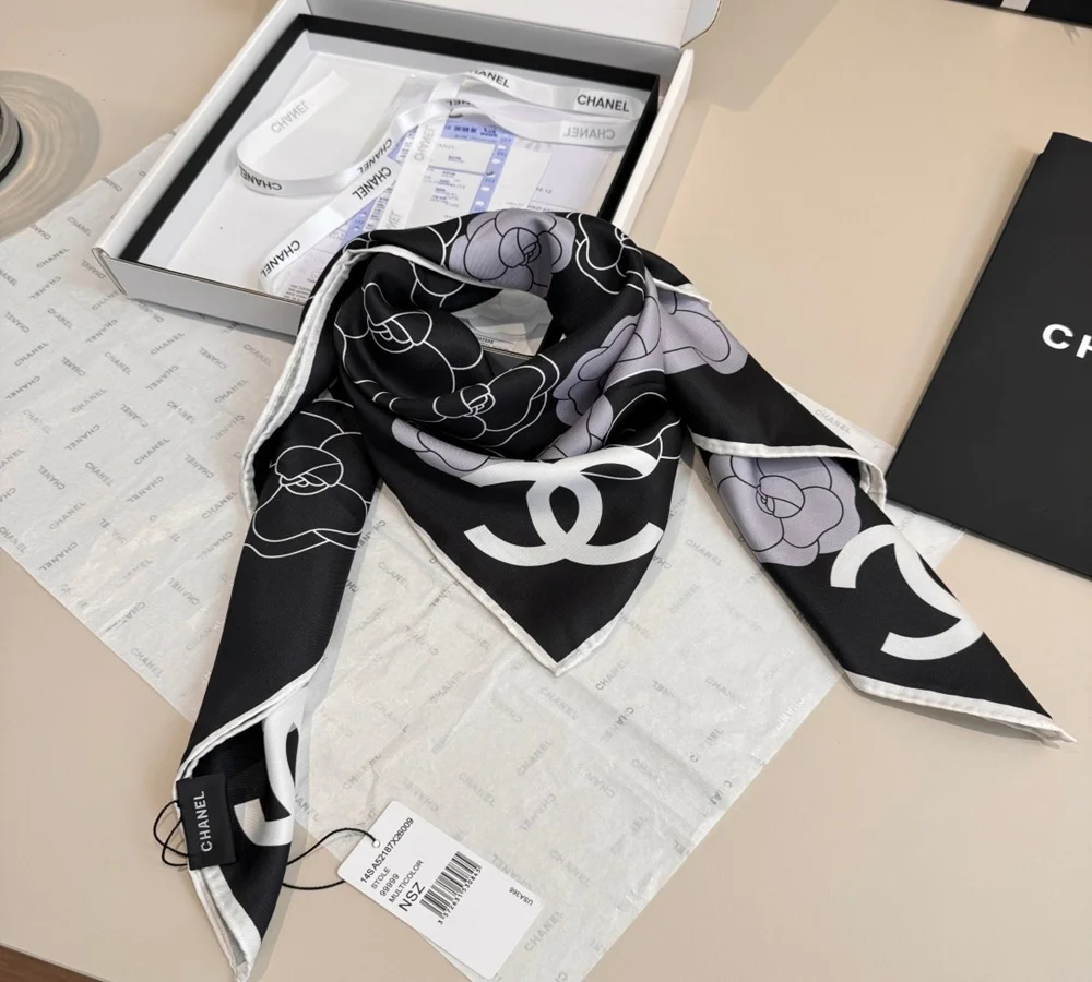 Chanel Camellia & CC Logo Silk Scarf (Black & Lilac)